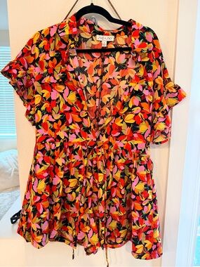 She + Sky Floral Short Sleeve Romper in Black, Yellow, Pink and Orange